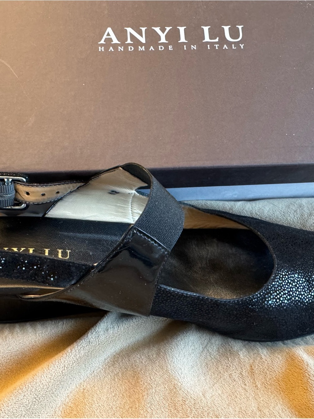 Anyi Lu Black Sparkle Patent Mary Jane Flats